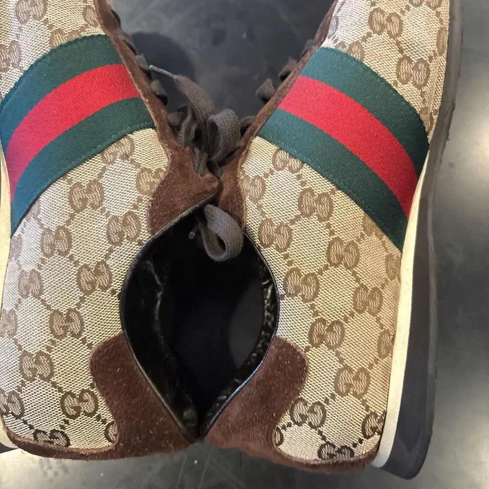 Vintage Gucci 117711 GG Canvas Web Stripe Suede Sneakers Mens US 11.5 Made Italy